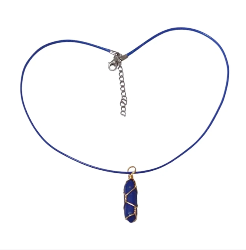 Healing Crystal 14K Gold Wire Wrapped‎ Lapis Lazuli Stone Point Pendant Necklace